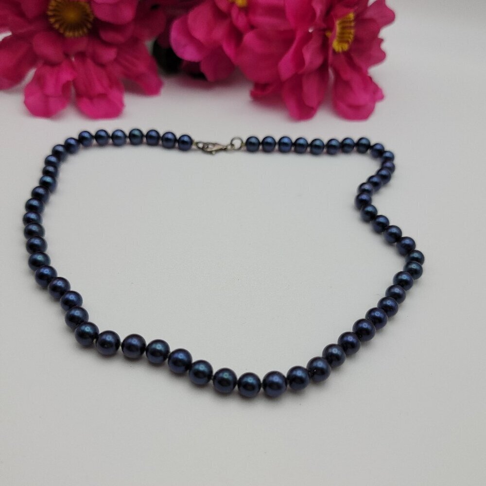 Natural Pearl Beaded Necklace 17.5 In Blue Sterling Silver Lobster Clasp 6.7 mm